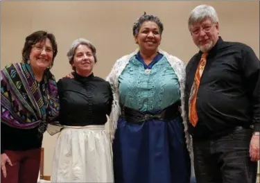  ?? SUBMITTED PHOTO — TRACY BOYER ISENBERG ?? Playwright Kelly Boyer Sagert, actresses Judy MacKeighan and Debra Rose and director Dave MacKeighan pose for a photo after the debut of “Bound Together: One Great Bundle of Humanity,” Sagert’s play about 19th Century author Frances Ellen Watkins...