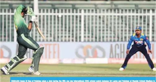  ??  ?? SHARJAH: Imam UI Haq of Pakistan plays a shot during the fifth one day internatio­nal (ODI) cricket match between Sri Lanka and Pakistan at Sharjah Cricket Stadium in Sharjah. — AFP