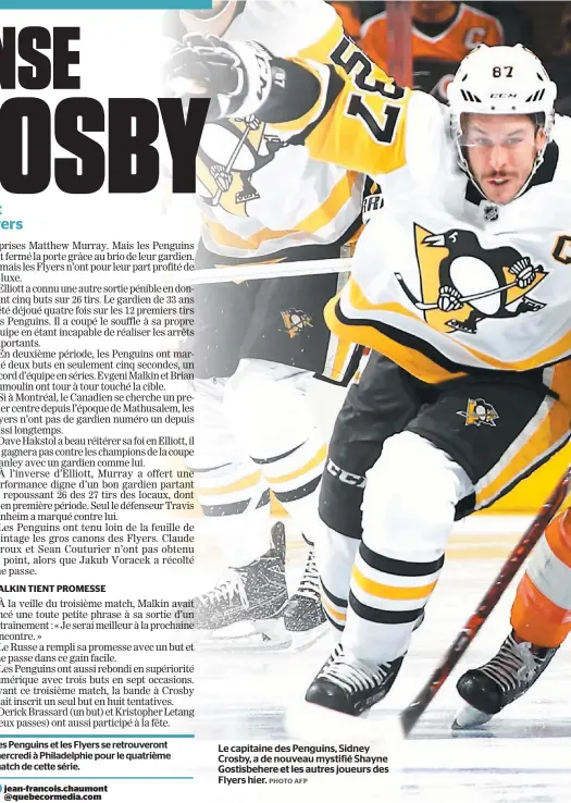  ?? PHOTO AFP ?? Le capitaine des Penguins, Sidney Crosby, a de nouveau mystifié Shayne Gostisbehe­re et les autres joueurs des Flyers hier.