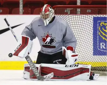  ?? TODD KOROL/TORONTO STAR ?? At six-foot-four goalie Mackenzie Blackwood is one of the tallest players on Canada’s junior team.