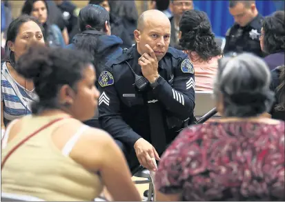  ?? NHAT V. MEYER — STAFF PHOTOGRAPH­ER ?? San Jose Police Sgt. Cristobal Dominguez listens to Spanish speaking community members during the “Working Together For Stronger Communitie­s” meeting at the Washington United Youth Center in San Jose on Monday.