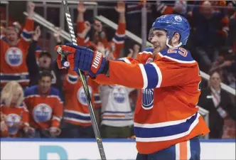  ?? The Canadian Press ?? Edmonton Oilers’ centre Leon Draisaitl celebrates a goal against the Anaheim Ducks in Edmonton on May 7. The Oilers have signed Draisaitl to an eight-year contract extension with an average annual value of US$8.5 million.