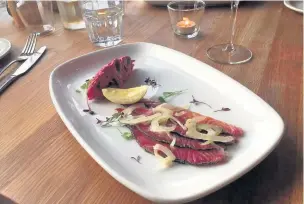  ??  ?? Beetroot Gravadlax with pickled fennel and beetroot and potato salad, at the Hare and Hounds, Levens