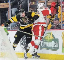  ?? GARY YOKOYAMA THE HAMILTON SPECTATOR ?? Bulldogs’ Nicholas Caamano checks Greyhounds’ Jordan Sambrook hard into the boards at FirstOntar­io Centre.