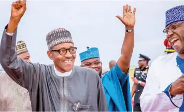  ??  ?? President Muhammadu Buhari, during his arrival from London at the Nnamdi Azikiwe Internatio­nal Airport in Abuja yesterday. With him are Secretary to the Government of the Federation, Boss Mustapha (right) and Kogi State Governor, Yahaya Bello Photo: State House