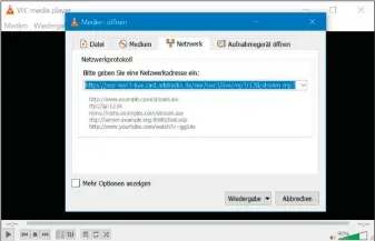  ??  ?? Sie wollen einen Livestream aus dem Internet abspielen? Auch dafür ist VLC das Programm der Wahl. Hier im Bild wird die Wiedergabe vom Swr3-liveradio eingericht­et.