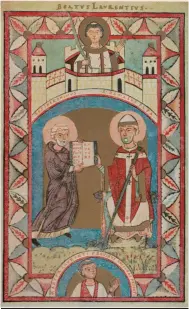  ??  ?? Den här sidan, ur ett svenskt evangelium, visar hur Sankt Hieronymus presentera­r Vulgatabib­eln för påve Damasus I.