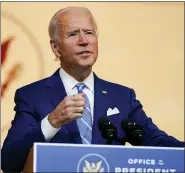  ?? CAROLYN KASTER — THE ASSOCIATED PRESS ?? President-elect Joe Biden speaks at The Queen theater Wednesday.