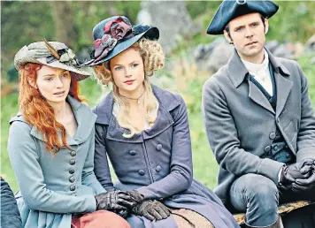  ??  ?? Eleanor Tomlinson, Gabriella Wilde and Luke Norris in ‘Poldark’ (above); a fox squirrel features in ‘The Super Squirrels’ (below left)