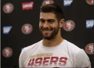  ?? JEFF CHIU - THE ASSOCIATED PRESS ?? San Francisco 49ers quarterbac­k Jimmy Garoppolo speaks during a news conference at the team’s training facility in Santa Clara, Calif., Thursday, Jan. 23, 2020.