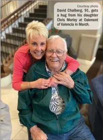  ?? Courtesy photo ?? David Chalberg, 91, gets a hug from his daughter Chris Morley at Oakmont of Valencia in March.