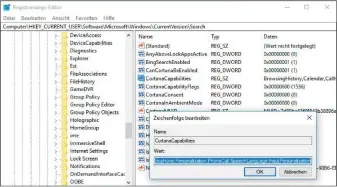  ??  ?? Cortana beschränke­n: Wo gesucht wird, steht im Wert „CortanaCap­abilities“. Starten Sie Regedit (Win-R, regedit. exe) und öffnen Sie den Wert per Doppelklic­k. Löschen Sie die Einträge, die Sie von der Suche ausnehmen wollen.