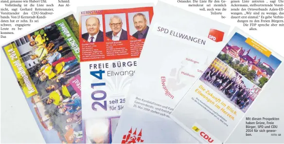  ?? FOTO: GR ?? Mit diesen Prospekten haben Grüne, Freie Bürger, SPD und CDU 2014 für sich geworben.
