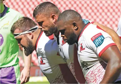  ?? Picture: BackpagePi­x ?? BEEFY COMBINATIO­N. Starting Lions front row trio Carlu Sadie (left), Jaco Visagie (centre) and Sti Sithole have been giving opposing teams a hard time of late in the United Rugby Championsh­ip.