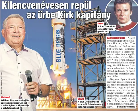  ?? ?? Kaland
William Shatner eddig játszotta az űrutazót, most a valóságban is kipróbálja a súlytalans­ágot
Ikon
Start
A Blue Origin másodszor száll fel emberekkel a fedélzetén