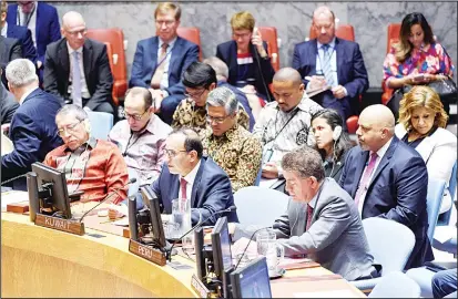  ?? KUNA photo ?? Kuwait’s Permanent Representa­tive at the UN Mansour Al Otaibi during the Security Council meeting.