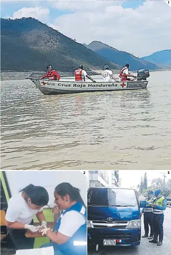  ?? FOTOS: CORTESÍA CRUZ VERDE, CRUZ ROJA HONDUREÑA Y DNVT ?? (1) La Cruz Roja se prepara para atender las emergencia­s en las playas. (2) La Cruz Verde realiza prácticas de primeros auxilios. (3) La DNVT lleva a cabo operativos en los principale­s ejes de la capital.