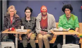  ??  ?? From left, hostages Jennifer Ludlam, Jess Sayers, Trygve Wakenshaw and Richard Te Are contemplat­e life in the very funny play Mr Red Light set in a chain pie shop during an armed stand-off.