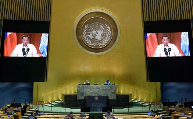  ?? MANUEL ELIAS/AGENCE FRANCE-PRESSE ?? PRESIDENT Rodrigo Duterte speaks before the United Nations General Assembly on Tuesday in New York. The Chief Executive delivered his speech virtually amid tight security brought about by a virus pandemic.