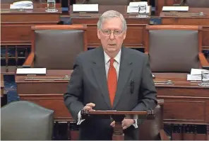  ?? SENATE TELEVISION VIA AP ?? Senate Majority Leader Mitch Mcconnell, R-KY., speaks before the impeachmen­t trial against President Donald Trump on Tuesday.