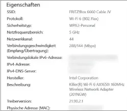  ??  ?? Notebooks mit einem WI-FI-6-WLAN können WPA3 einsetzen: Ob sie es tatsächlic­h tun, überprüfen Sie mit einem Blick in die Wlan-eigenschaf­ten von Windows.