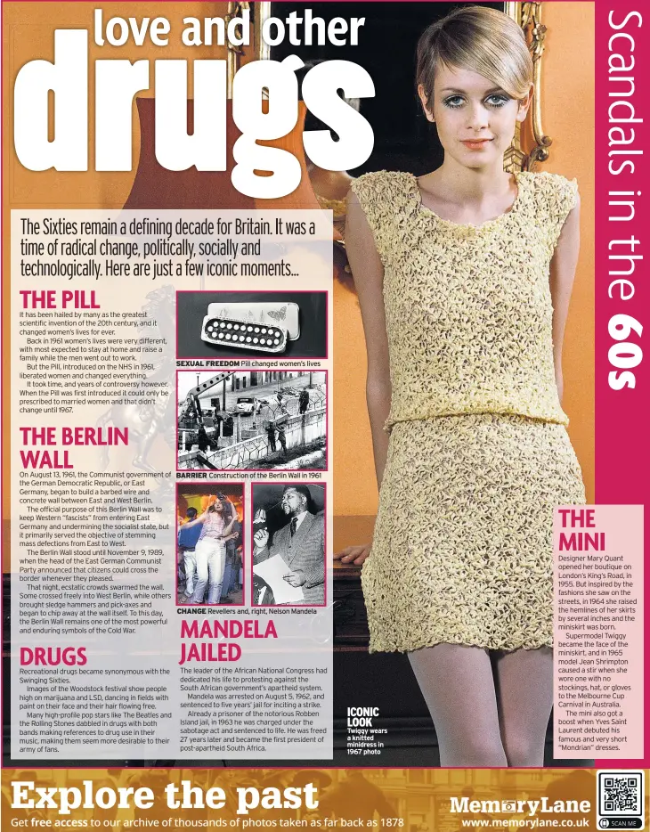  ??  ?? ICONIC LOOK Twiggy wears a knitted minidress in 1967 photo