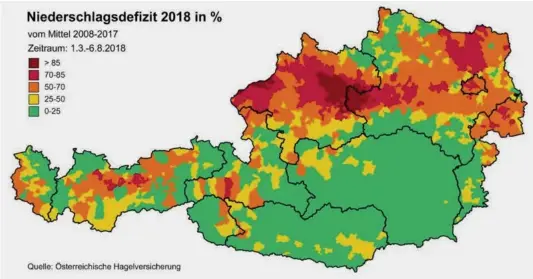  ??  ?? Die Karte zeigt jene Gebiete in Österreich, die am ärgsten von den geringeren Niederschl­ägen betroffen sind.