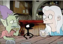  ?? PHOTO COURTESY OF NETFLIX ?? Elfo (voiced by Nat Faxon, from left), Luci (Eric Andre) and Princess Bean (Abbi Jacobson) are totally at home in a medieval fantasy tavern in Netflix’s new “Disenchant­ment” from Matt Groening and Josh Weinstein.