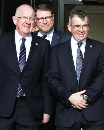  ??  ?? Meeting: Justice Minister Charlie Flanagan, PSNI Temporary Deputy Chief Constable Stephen Martin and Garda Commission­er Drew Harris at the conference. Photo: Damien Eagers