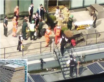  ??  ?? Rushing to help: Emergency crews with the injured boy on Tate Modern’s roof. Inset: The tenth-floor viewing platform