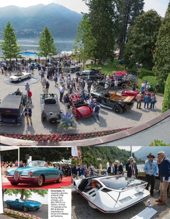  ??  ?? Forza Italia. De izquierda a derecha, el Alfa 8C 2900 Touring «Best of show», otro Alfa 1900 SS «La Fléche», el Vivan 77 inspirado en los BAT de Bertone (izquierda) y el Ferrari 512 S Módulo de Pininfarin­a.