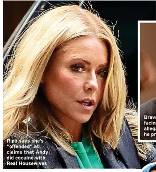  ?? ?? Ripa says she’s “offended” at claims that Andy did cocaine with Real Housewives
Bravo kingpin Cohen is facing a number of ugly allegation­s, including that he pressured stars to drink