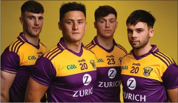  ??  ?? Niall Hughes, Lee Chin, Conor McDonald and Conor Devitt with Wexford’s new jersey.