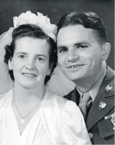  ?? ALICE PLEBUCH ?? Jim and Alice Nisbet Collins celebrate their wedding day in the 1940s. Decades later, one of their daughters would discover that, in 1913, Jim and another newborn had been accidental­ly switched in a Bronx hospital.