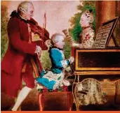  ??  ?? Die wonderkind Amadeus Mozart bespeel die klavier terwyl sy pa, Leopold, die viool bespeel en sy ma, Maria Anna, sing.