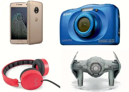  ??  ?? Clockwise from top left: Motorola Moto G5 Plus ($400), Nikon Coolpix W100 ($198), Propel X-Wing drone ($220) and the Puro OEH200 on-ear headphones ($65).