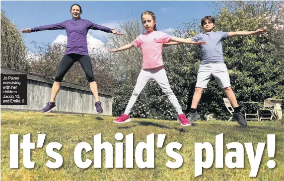  ??  ?? Jo Pavey exercising with her children Jacob, 10, and Emily, 6