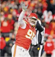  ?? Kevin C. Cox/Getty Images ?? The Kansas City Chiefs’ Chris Jones reacts after making a sack against the Cincinnati Bengals during the fourth quarter in the AFC Championsh­ip Game at GEHA Field at Arrowhead Stadium on Jan. 29 in Kansas City, Mo.
