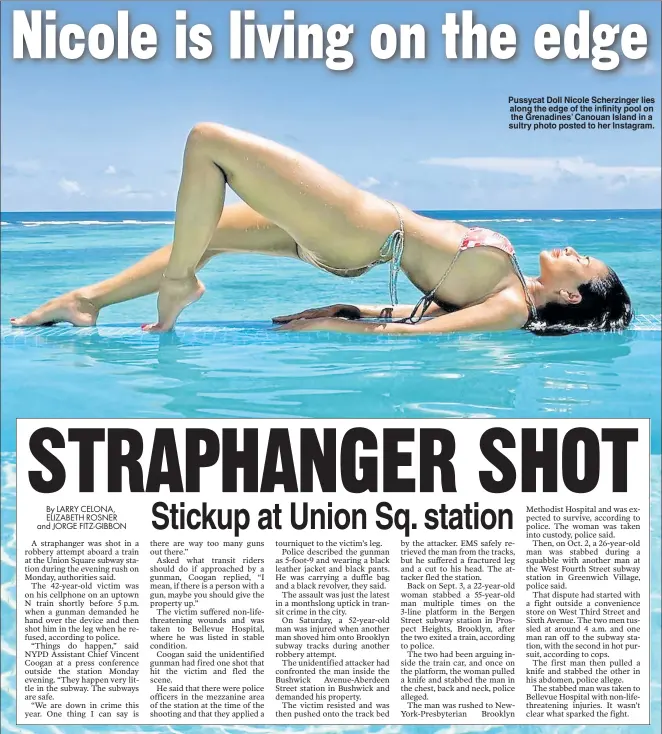  ?? ?? Pussycat Doll Nicole Scherzinge­r lies along the edge of the infinity pool on the Grenadines’ Canouan Island in a sultry photo posted to her Instagram.