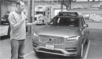  ?? ERIC RISBERG, AP ?? Anthony Levandowsk­i, head of Uber’s self-driving program, speaks about their driverless car. Waymo alleges he stole trade secrets before launching Otto, which Uber bought.