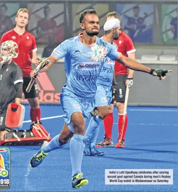  ??  ?? India’s Lalit Upadhyay celebrates after scoring second goal against Canada during men's Hockey World Cup match in Bhubaneswa­r on Saturday