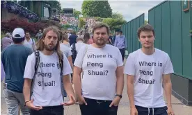  ?? Photograph: Rebecca Speare-Cole/PA ?? Free Tibet protesters (left to right) Jason Leith, 34, Will Hoyles, 39, and Caleb Compton, 27, show their T-shirts drawing attention to Chinese tennis player Peng Shuai.