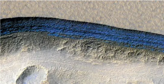  ?? PHOTO: NASA/JPL/UNIVERSITY OF ARIZONA/USGS ?? Erosion on Mars has uncovered large, steep cross-sections of clean, subterrane­an ice, shown in In this false colour image captured by Nasa’s HiRISE camera.