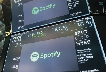  ?? BRYAN R. SMITH / AFP / GETTY IMAGES ?? Spotify was a hot pick as shares ended up 12.9 per cent on its first day of trade on the New York Stock Exchange.