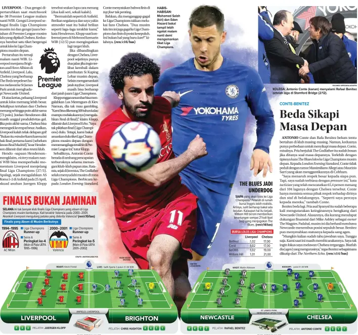  ?? FACUNDO ARRIZABALA­GA/EPA ?? HABISHABIS­AN: Mohamed Salah (kiri) dan Eden Hazard bakal tampil lebih ngotot malam nanti demi mengamanka­n tiket Liga Champions. KOLEGA: Antonio Conte (kanan) menyalami Rafael Benitez setelah laga di Stamford Bridge (2/12).