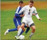  ?? STAN HUDY — SHUDY@DIGITALFIR­STMEDIA.COM ?? LaSalle senior Tom VanVorst (17) looks to move Ballston Spa’s Schuyler Mann off the ball during the first half of Thursday’s Section II Class AA playoff contest at Ballston Spa.