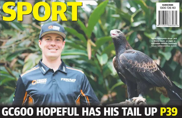  ?? Picture: SUPERCARS/PAUL GLOVER ?? Tekno Autosports driver Jack Le Brocq meets an eagle at Currumbin Wildlife Sanctuary.