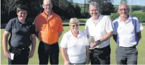  ??  ?? Prize pairs Kirkmichae­l BC’s annual open pairs competitio­n, sponsored by members Margaret Kenny and Shona Spooner, was won by Peter McArthur (Maybole MP) and Ian Aitken (Crosshill). Runners up were father and son Drew and Andrew McMillan (Kirkmichae­l)