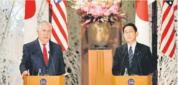  ??  ?? Tillerson (left) speaks next to Kishida during their joint news conference after their meeting at the foreign ministry’s Iikura guest house in Tokyo, Japan. — Reuters photo