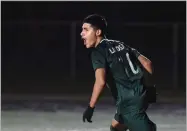  ?? RECORDER PHOTO BY CHIEKO HARA ?? Lindsay High School Emiliano Corona reacts after scoring the team’s first goal Friday, Feb. 15, during the first half of the quarterfin­al match of a CIF Central Section Division IV playoffs against Mira Monte High School at Frank Skadan Stadium.